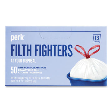 Perk™ Drawstring Tall Kitchen Trash Bags, 13 Gal, 0.9 Mil, 28" X 24", White, 50-box freeshipping - TVN Wholesale